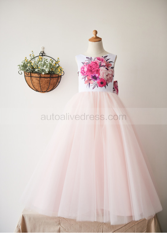 Printed Satin Pink Tulle V Back Ankle Length Flower Girl Dress